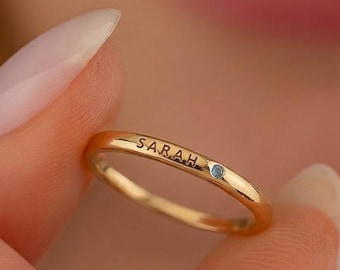 Personalized Birthstone Name Ring • Custom Engraved Stacking Ring  • Minimalist Dainty Band Jewelry • Mothers Day Gift