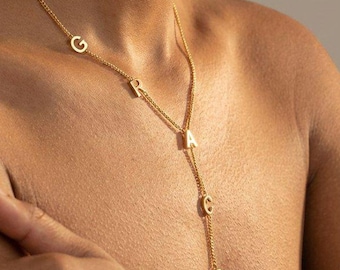 Collar con nombre Y, collar con inicial vertical, collar con letra Lariat personalizado, collar con nombre en forma de gota dorada, regalo de Navidad