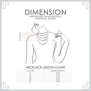 May include: A chart showing necklace lengths in inches and centimeters. The chart shows the equivalent lengths in US inches and European centimeters. The chart includes lengths from 14 inches to 22 inches.