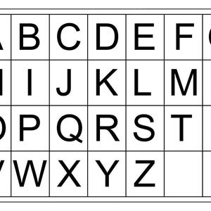 May include: A black and white alphabet chart with the letters A through Z arranged in a grid.