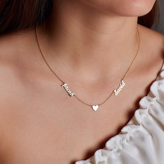 Two Name Necklace with Heart, Gold Name Necklace, names necklace, Dainty  Name Necklace, Personalized Jewelry, Christmas Gift, Wife Gift