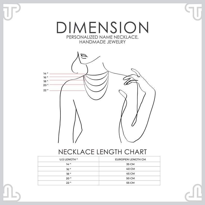 May include: A chart showing necklace lengths in inches and centimeters. The chart shows the corresponding lengths in inches and centimeters for necklaces ranging from 14 to 22 inches.