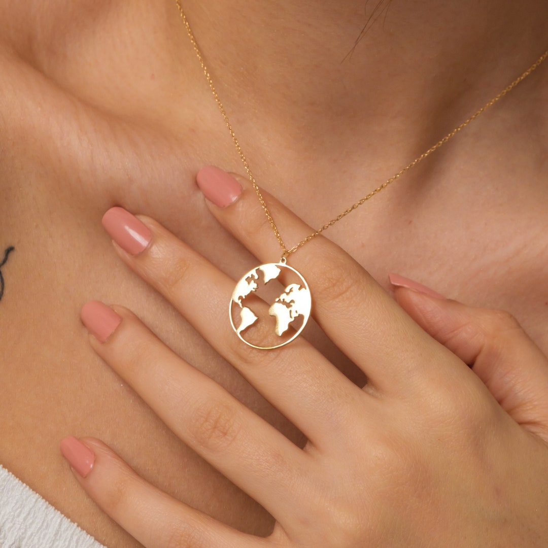 18K Gold World Map Necklace Travel Necklace Map Jewelry Etsy