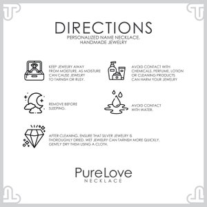 May include: Black and white line art instructions for caring for jewelry. The instructions include keeping jewelry away from moisture, removing jewelry before sleeping, avoiding contact with water, and avoiding contact with chemicals, perfume, lotion, or cleaning products. The text also includes the phrase "Pure Love Necklace".