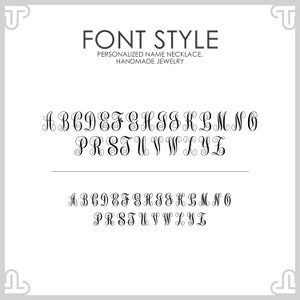 May include: A white background displays two sets of the English alphabet in a decorative font. The text "FONT STYLE" is at the top, followed by "PERSONALIZED NAME NECKLACE, HANDMADE JEWELRY". The letters are black and have elegant swirls.