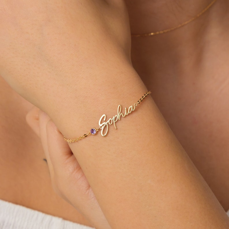 Personalized Birthstone Bracelet, Heart Name Bracelet With BirthStone, Gift for Her, Dainty Name Bracelet, Personalized Gift image 1