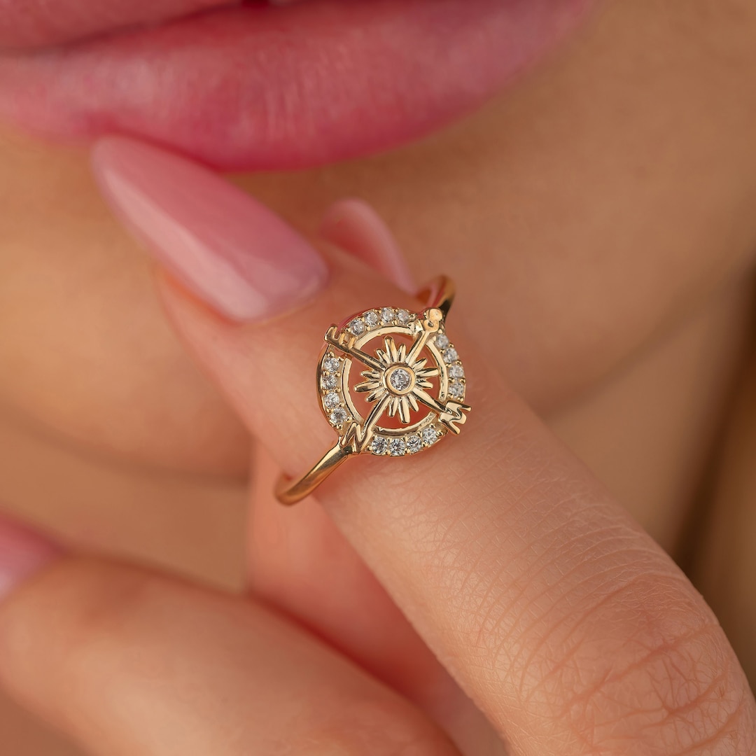 Dainty Diamond Compass Ring, Gold or Silver Traveler’s Guiding Gift ...
