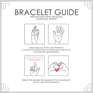 May include: A guide for measuring wrist size for bracelets. The guide shows how to measure your wrist using a piece of string and a ruler. It also shows how to select the correct bracelet size based on your wrist measurement.