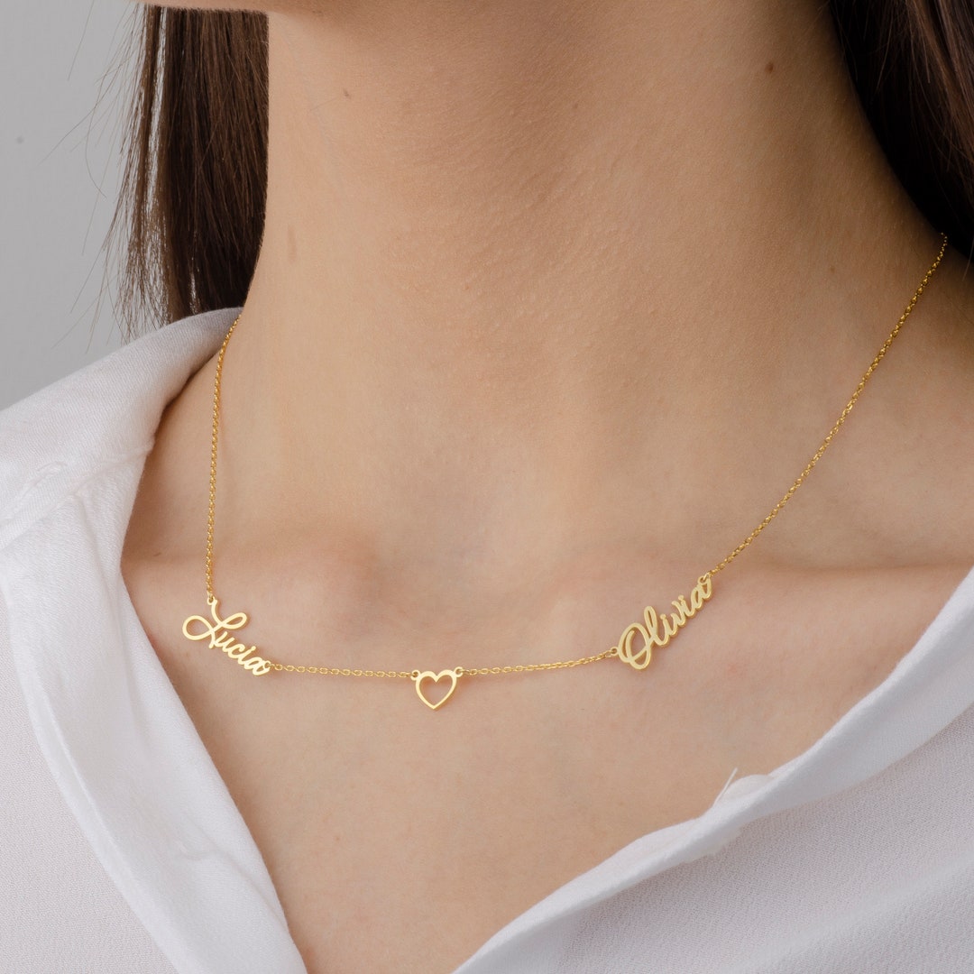 Mother's Day Gift, Two Name Necklace With Heart, Gold Name