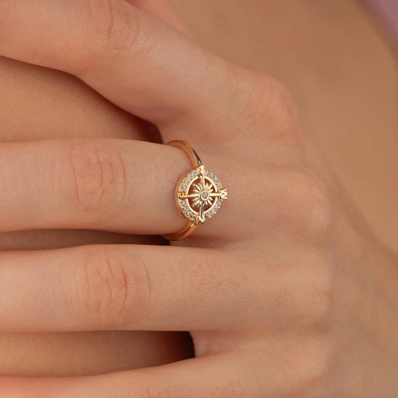 Dainty Diamond Compass Ring, Gold or Silver Traveler’s Guiding Gift ...