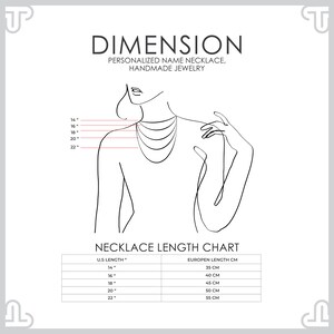 May include: A white graphic illustrating a necklace length chart. The chart shows necklace lengths from 14 inches to 22 inches, with corresponding European lengths in centimeters. The text reads "DIMENSION, Personalized Name Necklace, Handmade Jewelry."