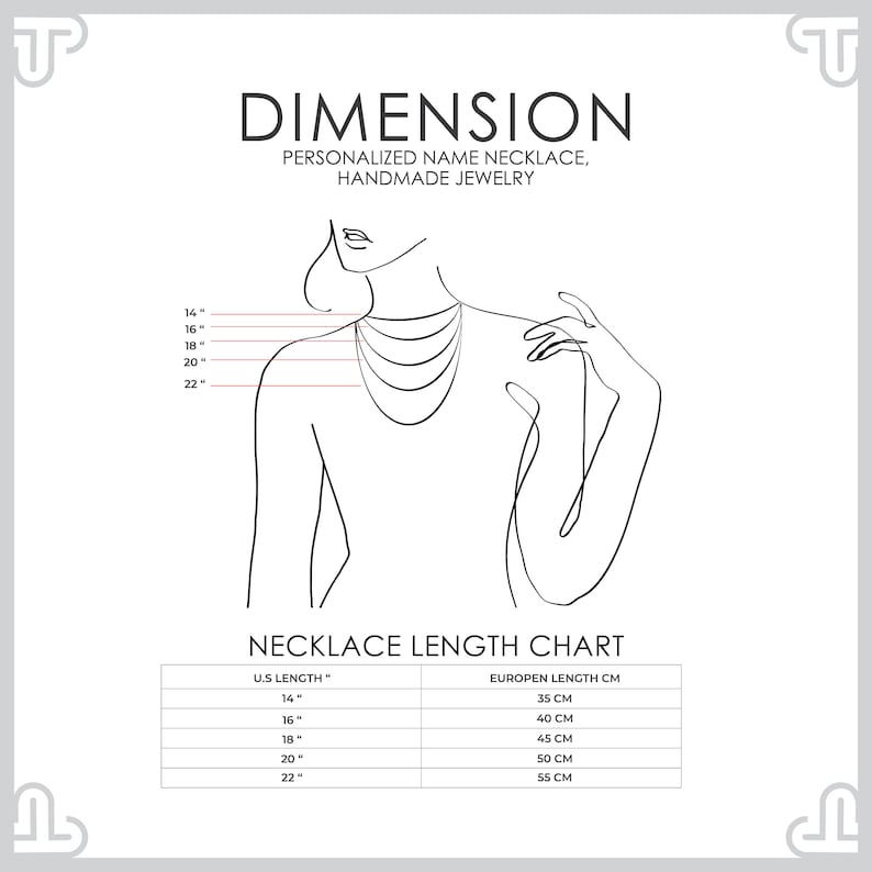 May include: A white graphic illustrating a necklace length chart. The chart shows necklace lengths from 14 inches to 22 inches, with corresponding European lengths in centimeters. The text reads "DIMENSION, Personalized Name Necklace, Handmade Jewelry."