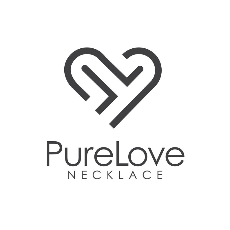 May include: A black and white logo featuring a heart shape formed by a continuous line. Below the heart, the words "PureLove NECKLACE" are displayed in a clean, sans-serif font, indicating a jewelry product.