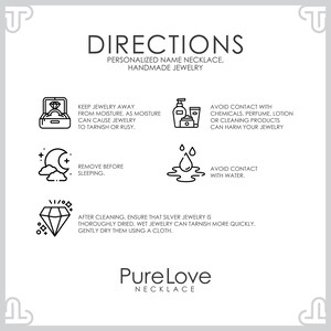May include: Black and white line art instructions for caring for a silver necklace. The instructions include keeping the jewelry away from moisture, avoiding contact with chemicals, removing before sleeping, and avoiding contact with water. The text also includes the phrase "Pure Love Necklace".