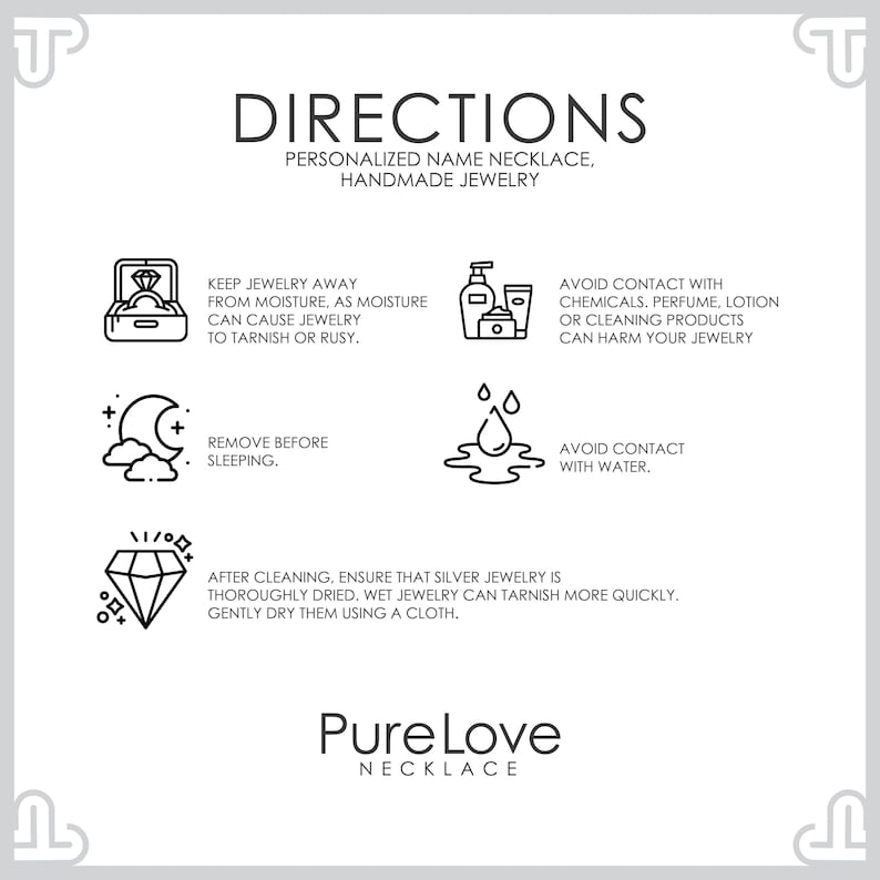 May include: Black and white line art instructions for caring for a silver necklace. The instructions include keeping the jewelry away from moisture, avoiding contact with chemicals, removing before sleeping, and avoiding contact with water. The text also includes the phrase "Pure Love Necklace".