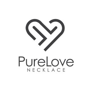 May include: A black and white logo of a heart with a double line design. The text "PureLove Necklace" is below the heart.