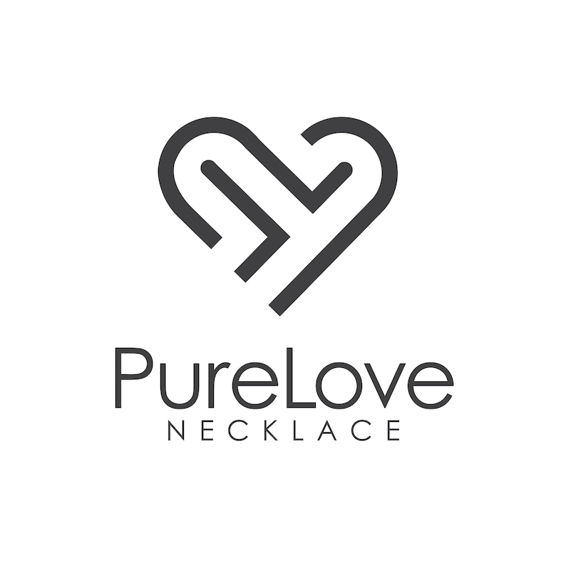 May include: A black and white logo of a heart with a double line design. The text "PureLove Necklace" is below the heart.