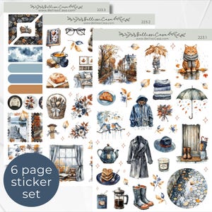 Könnte beinhalten: Ein Set aus sechs Aufkleberbögen mit Aquarellillustrationen herbstlicher Motive, darunter eine rote Katze, Gummistiefel, Regenschirme, ein Trenchcoat, eine Teekanne, eine Kaffeepresse, ein Croissant, ein Korb mit Brennholz und Herbstlaub.