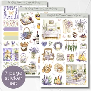May include: A 7-page sticker set featuring watercolor illustrations of lavender, butterflies, and French country scenes. Includes images of a bedroom, wine, food, and a bicycle. The text "7 page sticker set" is visible.