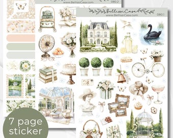 May include: A sticker set featuring watercolor illustrations of vintage travel, floral arrangements, and architectural elements. The set includes images of a swan, a bicycle with a basket, a cake, and a greenhouse. The text "7 page sticker set" is visible.