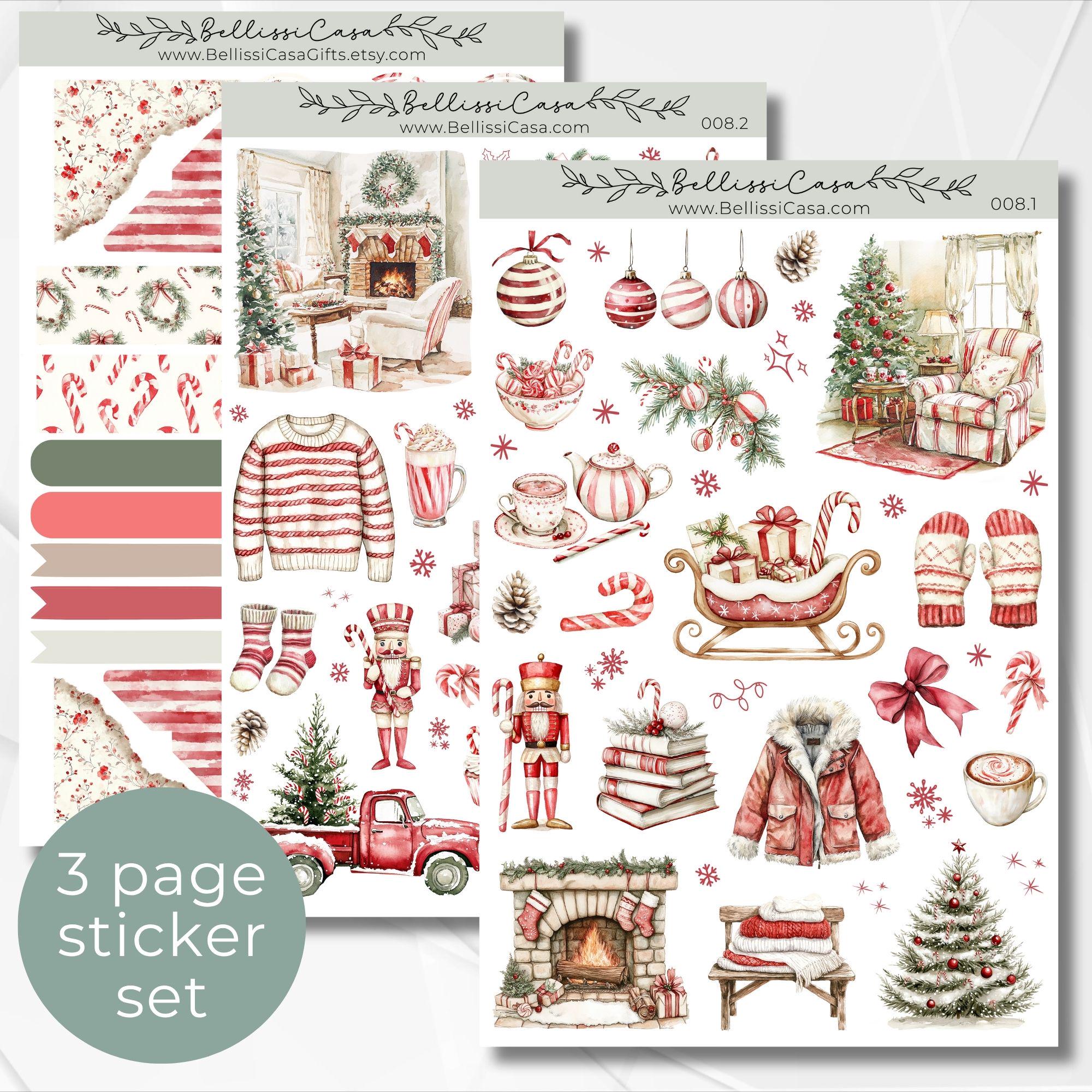 Pack d'autocollants pour agenda saisonnier, lot d'autocollants de journalisation pour agenda de Noël avec canne en bonbon des fêtes, feuille d'autocollants Bullet Journal personnalisés 008