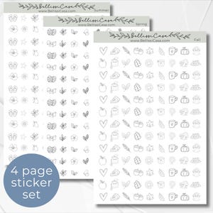 May include: Four pages of black and white stickers featuring various seasonal designs. The pages are labeled "Summer", "Spring", and "Fall".