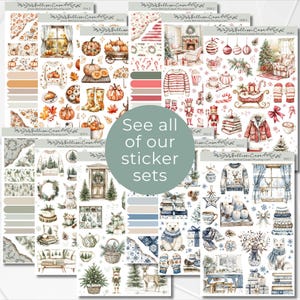 May include: A set of four sticker sheets featuring various winter and fall themed illustrations. The stickers include images of pumpkins, boots, sweaters, a fireplace, a Christmas tree, a deer, a polar bear, and more. The text "See all of our sticker sets" is displayed in the center of the image.