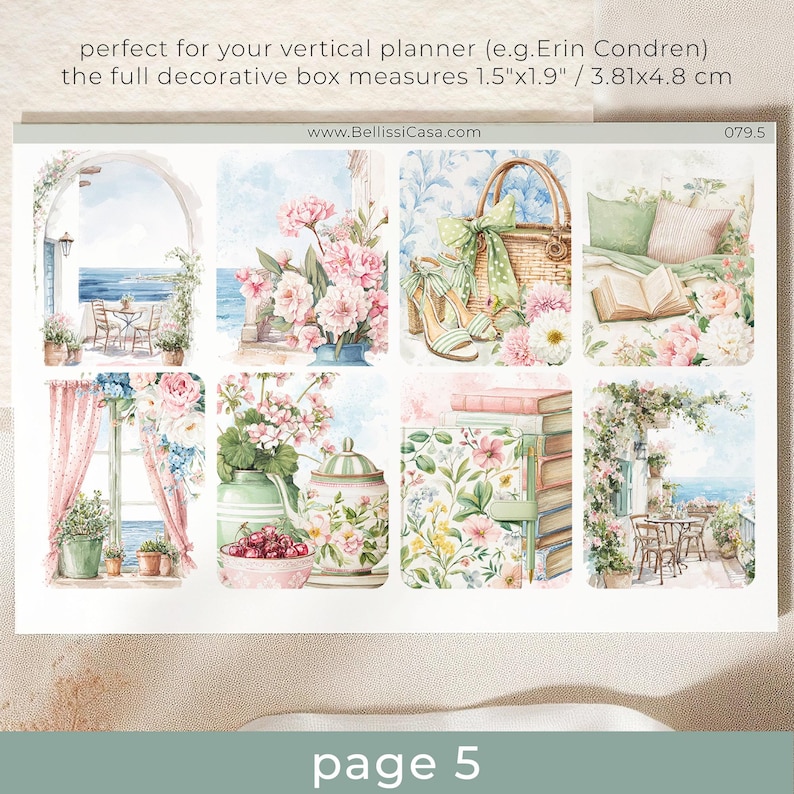 May include: Decorative planner stickers featuring watercolor illustrations. The designs include floral arrangements, outdoor scenes with tables and chairs, and a picnic basket with high heels. The full decorative box measures 1.5" x 1.9".