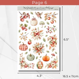May include: A sticker sheet featuring watercolor illustrations of autumn elements. Includes pumpkins, apples, leaves, berries, and a bird. The sheet measures 4.3" x 6.5" (11 x 16.5 cm). The text "Page 6" and "BellissiCasa" are visible.