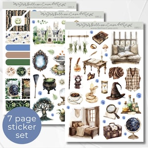 May include: A 7-page sticker set featuring watercolor illustrations of a fantasy theme. The stickers include a castle, potion-making items, a witch's hat, a globe, and a bed. The text "7 page sticker set" is visible.