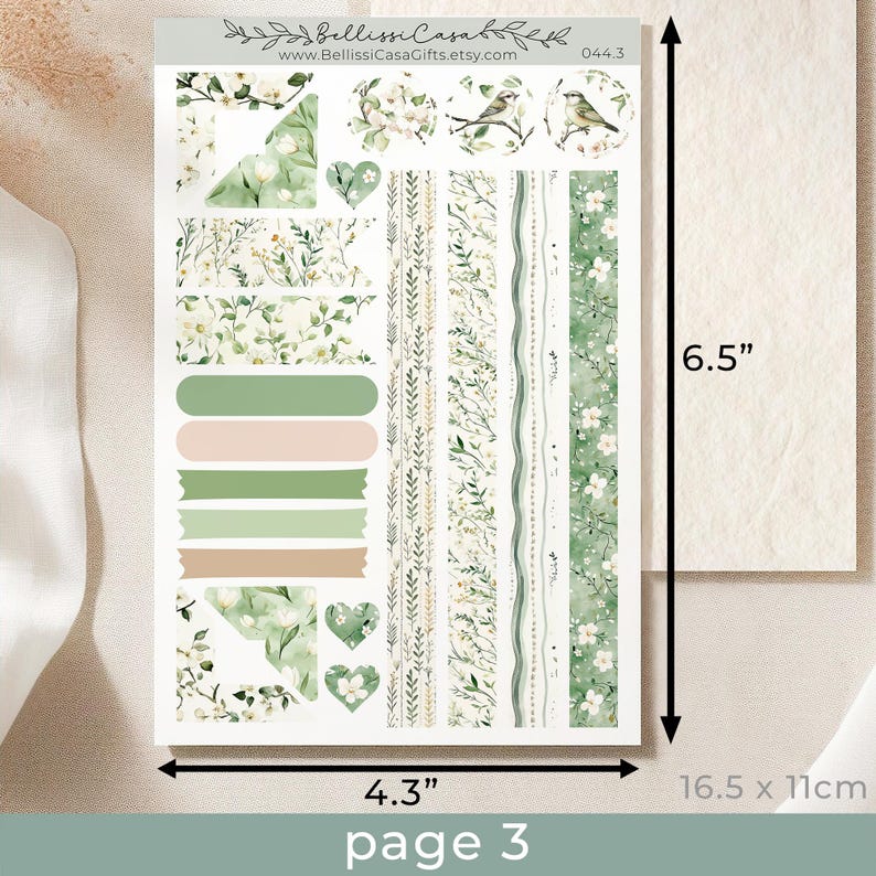 May include: A sheet of printable planner stickers featuring a green and white floral design with birds and hearts. The sheet measures 4.3 inches by 6.5 inches and is labelled "page 3".