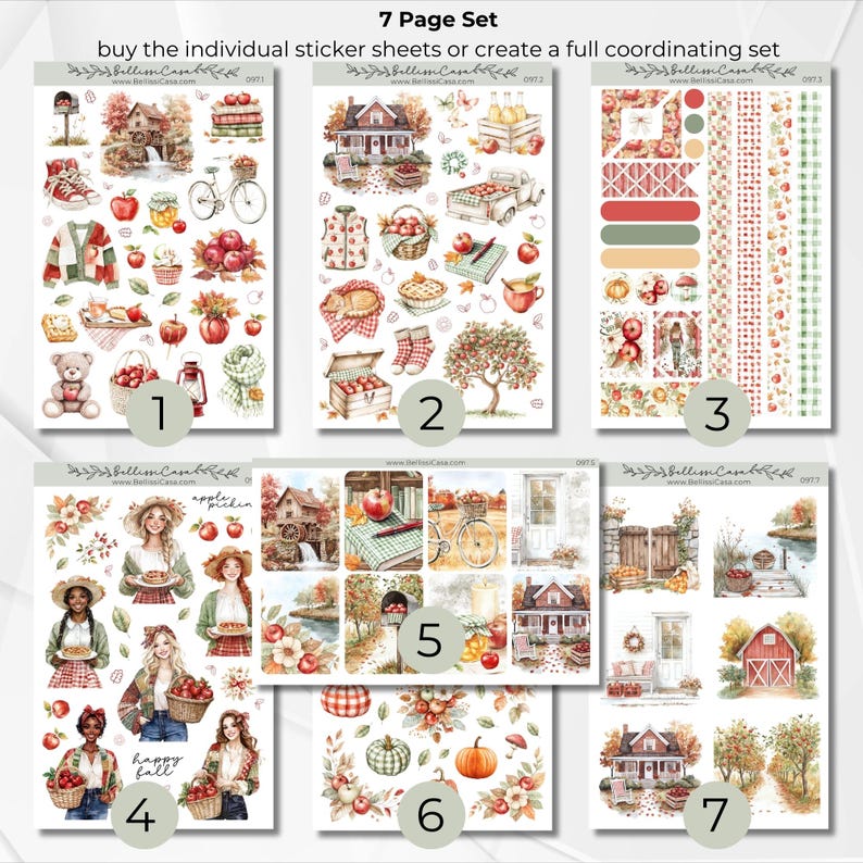 May include: A 7-page sticker set featuring autumn-themed illustrations. The stickers include images of apples, houses, and people. The text "Happy Fall" is visible on one sheet. The stickers are designed for creating a full coordinating set.