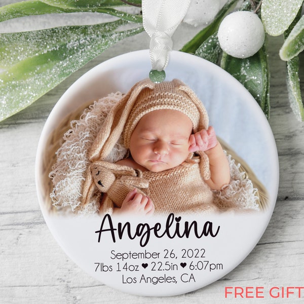 Personalized Birth Stat Ornament, Newborn Photo Ornament, Babys First Christmas Ornament 2023 • Ceramic Ornament, Custom Baby Keepsake Gift