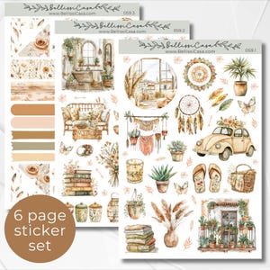 May include: A six-page sticker set with a bohemian theme. The stickers feature illustrations of a sofa, a bathtub, a car, a dreamcatcher, plants, and other decorative elements. The stickers are printed on white paper and have a matte finish.