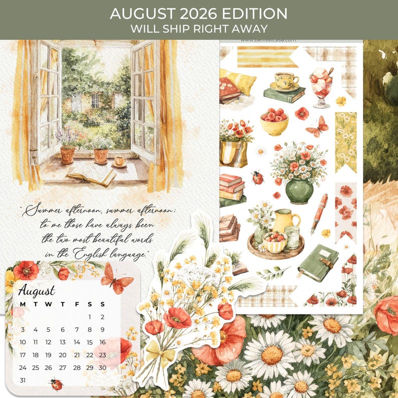 May include: A watercolor-style August 2026 calendar page featuring a window view of a garden, a bouquet of wildflowers, and various summer-themed illustrations including books, tea, berries, and butterflies with the text Summer afternoon.