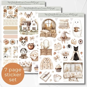 May include: A 7-page sticker set featuring watercolor illustrations of pumpkins, ghosts, bats, and a haunted house. The stickers have a neutral color palette with the text "7 page sticker set" in a circular design.