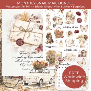 May include: A monthly snail mail bundle featuring a watercolor art print with stacked envelopes and autumn leaves, a sticker sheet with illustrations of a scooter, dog, and flowers, and a November calendar card with a red circular overlay.