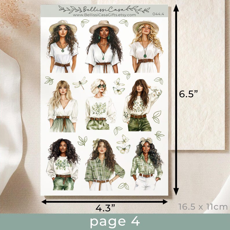 May include: A sheet of 6 illustrated stickers featuring women with long hair wearing various outfits. The stickers are printed on white paper with a green and white floral design. The sheet measures 11cm by 16.5cm.