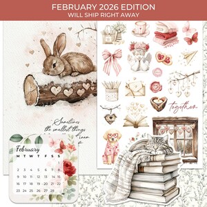 Op de afbeelding: Waterverfillustraties van een konijn op een boomstam, een kalender en diverse Valentijnsdag-elementen. De tekst bovenaan luidt "FEBRUARY 2026 EDITION WILL SHIP RIGHT AWAY". De kalender toont de maand februari.