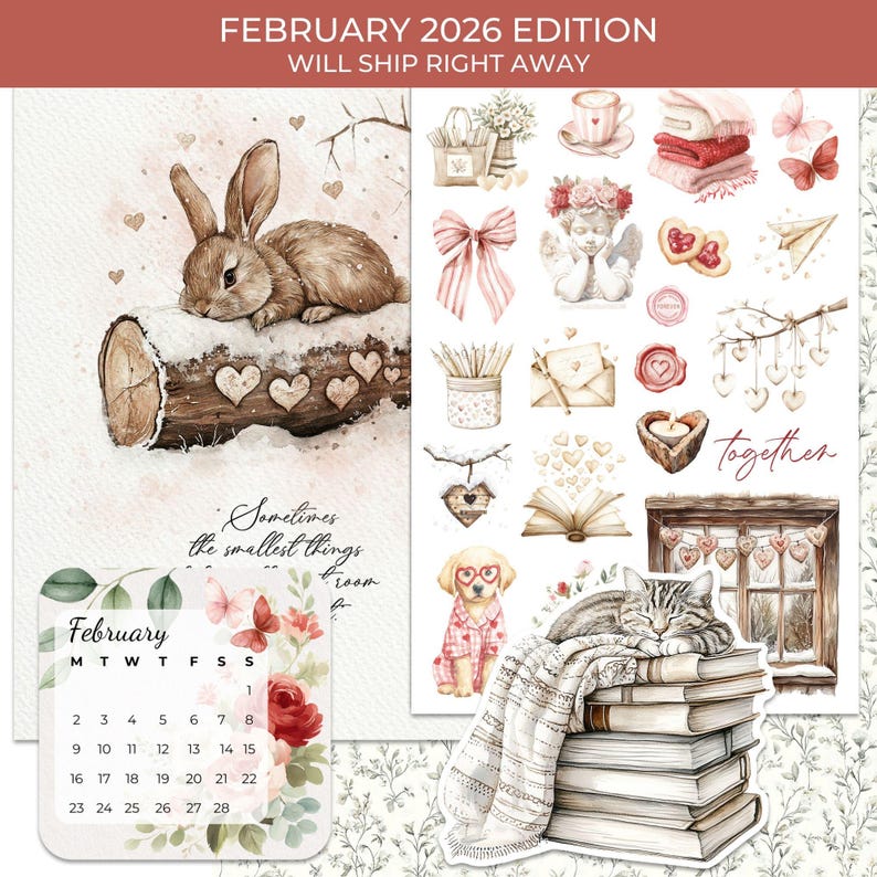 Op de afbeelding: Waterverfillustraties van een konijn op een boomstam, een kalender en diverse Valentijnsdag-elementen. De tekst bovenaan luidt "FEBRUARY 2026 EDITION WILL SHIP RIGHT AWAY". De kalender toont de maand februari.