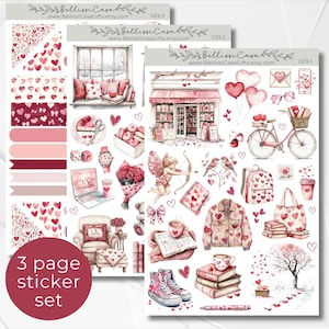 May include: A set of three Valentine's Day themed sticker sheets featuring watercolor illustrations of a bookstore, a bicycle, a cup of coffee, a bouquet of flowers, a heart-shaped backpack, a pair of sneakers, a stack of books, a tree, and a cupid with an arrow. The stickers are perfect for adding a touch of romance to planners, journals, and other paper crafts.