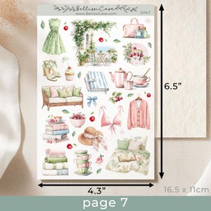 May include: A sticker sheet with watercolor illustrations of fashion and lifestyle items. Includes a green dress, pink bra, a pink cardigan, a hat, a sofa, a bed, a tea set, and a pink bag. The sheet measures 4.3 x 6.5 inches.