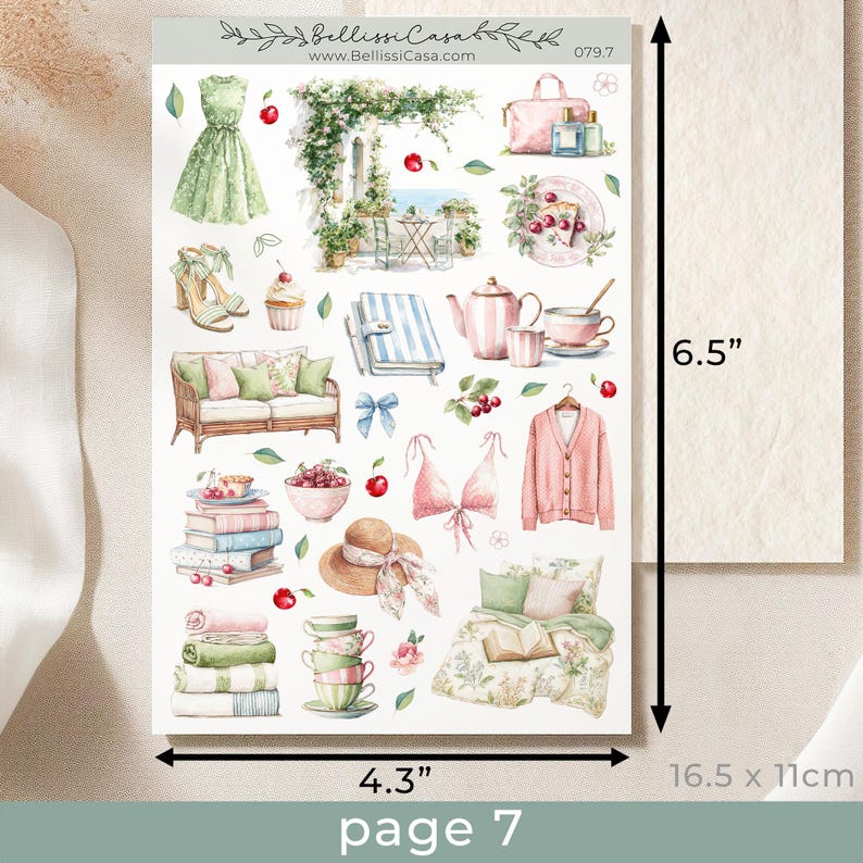 May include: A sticker sheet with watercolor illustrations of fashion and lifestyle items. Includes a green dress, pink bra, a pink cardigan, a hat, a sofa, a bed, a tea set, and a pink bag. The sheet measures 4.3 x 6.5 inches.