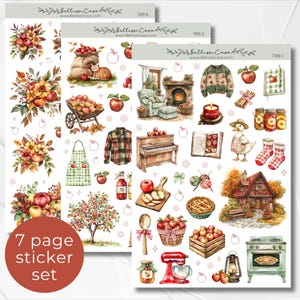 May include: A collection of three sticker sheets featuring watercolour illustrations of autumn themes, including apples, a cat, a fireplace, a piano, a duck, a house, a stove, and kitchenware, with the text BellissiCasa and website URL at the top.