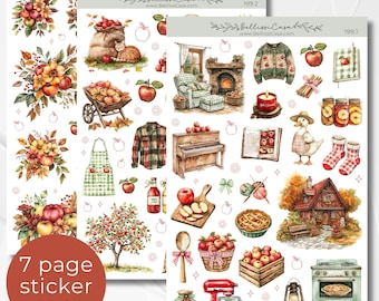 Seasonal Planner Sticker Sheet Set, Apple Cottage Fall Calendar Planner Journaling Sticker Set, Watercolor Bullet Journal Sticker Pack 199
