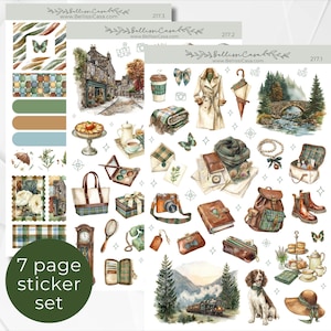 Könnte beinhalten: Ein 7-seitiges Aufkleber-Set mit Aquarellillustrationen zu Reise- und Naturthemen. Die Motive umfassen einen Trenchcoat, eine Vintage-Kamera, einen Lederrucksack, braune Stiefel, einen Spaniel, einen Zug, Landschaften sowie verschiedene Accessoires wie Teesets.