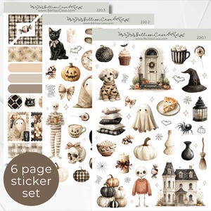May include: A six-page sticker set by BellissiCasa featuring various Halloween-themed illustrations including a black cat, pumpkins, ghosts, skeletons, a haunted house, a witch hat, skulls, candles, spiders, and cozy autumn-inspired decorative elements.