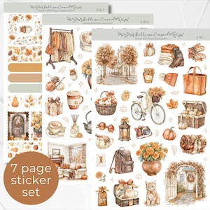 May include: A collection of three sticker sheets featuring watercolor illustrations of autumn-themed items including pumpkins, cozy clothing, a bicycle, a cat, a fireplace, and various seasonal decor elements, all labeled with the BellissiCasa brand name.
