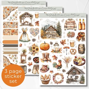 May include: A three-page sticker set with a fall theme. The stickers feature illustrations of a pumpkin, a rooster, a pretzel, a house, a mug of beer, a basket of bread, a pair of boots, a sunflower, a heart, a wreath, a cabin, a sweater, a sausage, a plate of cheese and grapes, a lantern, a pine cone, a bunch of wheat, a pair of lederhosen, a musical instrument, a woman in a traditional dress, and a variety of fall leaves. The stickers are printed on white paper.