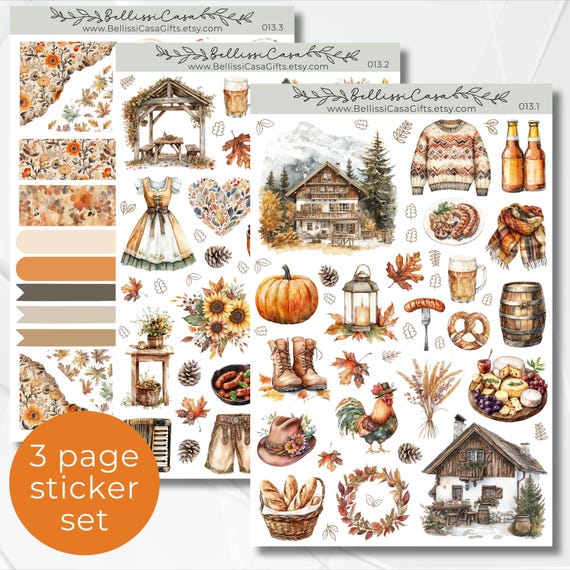 Seasonal Planner Sticker Sheet Set, Alpine Octoberfest Fall Calendar Planner Journaling Sticker Set, Aesthetic Bullet Journal Stickers 013